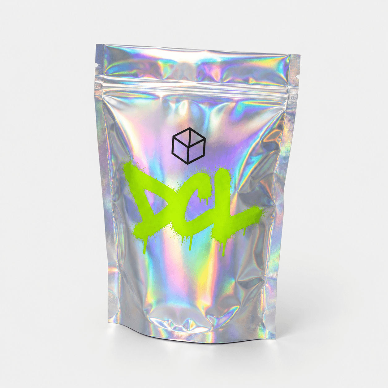Holographic stand-up mylar bag with lime DCL print