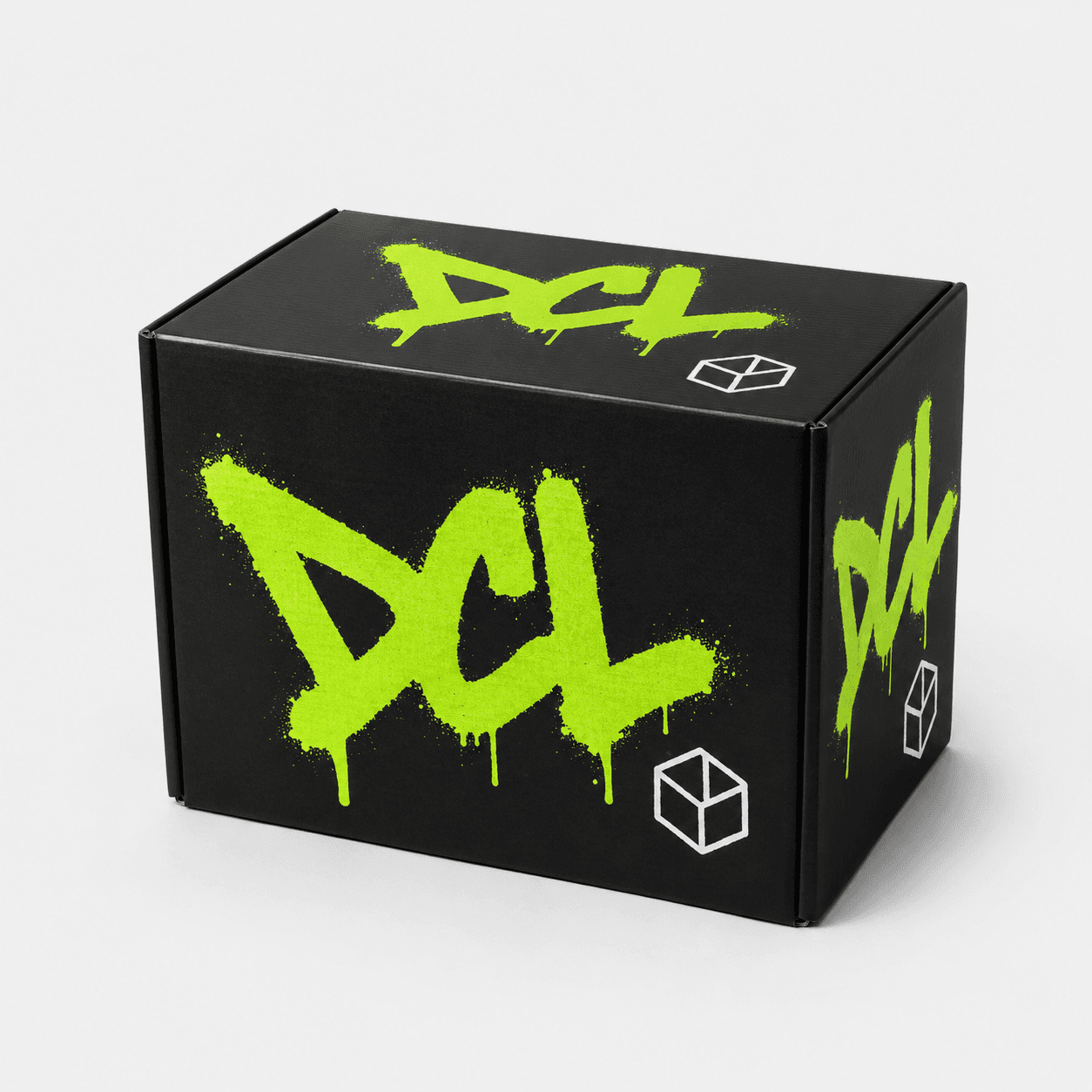 Black mailer box with lime DCL graffiti print